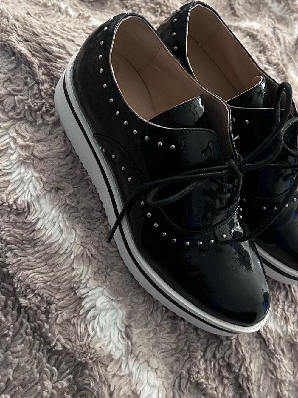 Madden Girl Black Patent Platform Oxford Loafers with White Sole